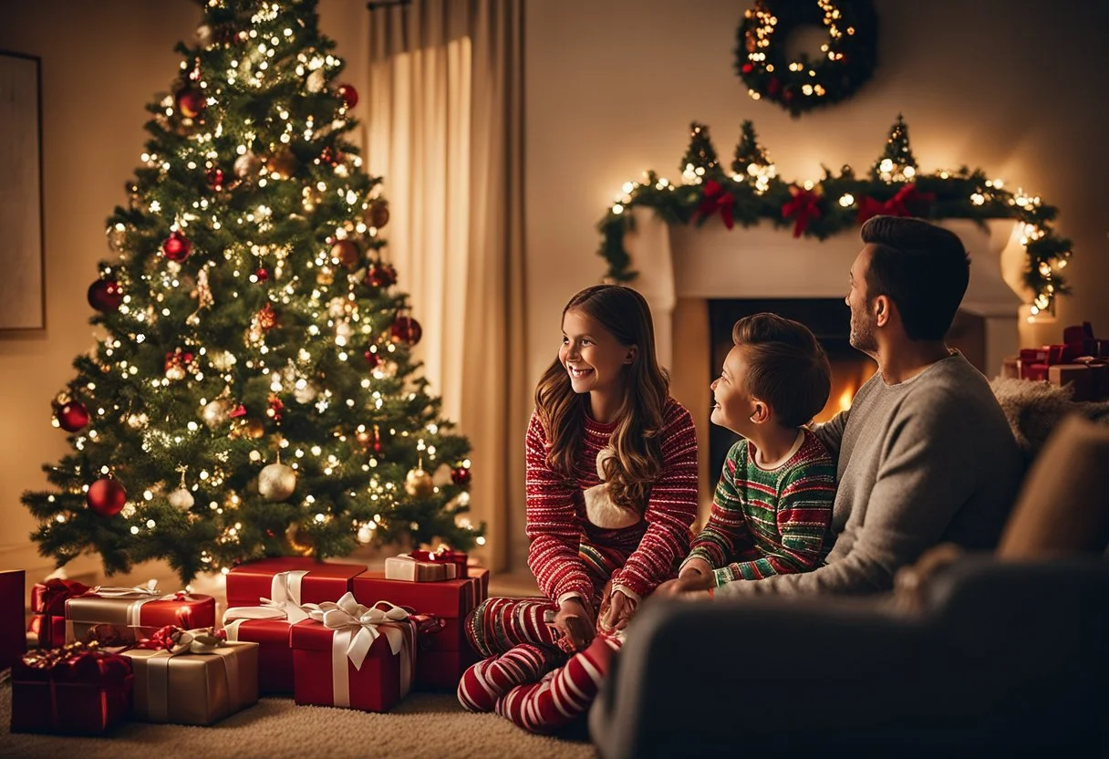 En hyggelig stue med et pyntet juletræ, julesokker hængt ved pejsen og en familie på fire i matchende festlige pyjamas