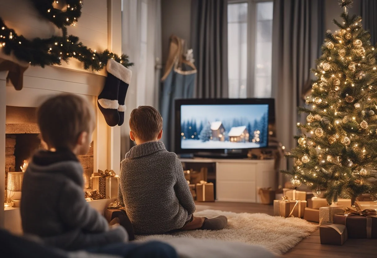 En hyggelig julescene: en familie, der vælger varmt og festligt tøj til højtiden.